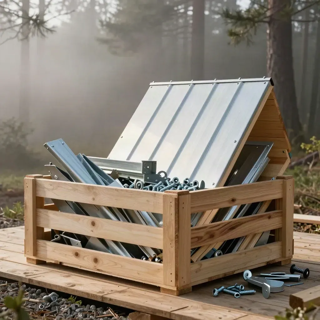 Open hut kit crate with blocks, frame pieces, roof panels, and hardware in misty light.