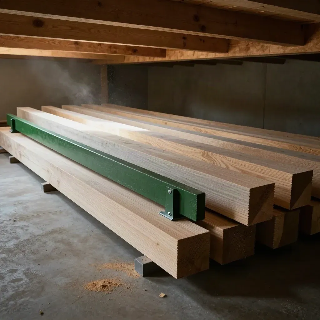 Timber frame posts and beams laid out on a covered floor in dramatic low light.