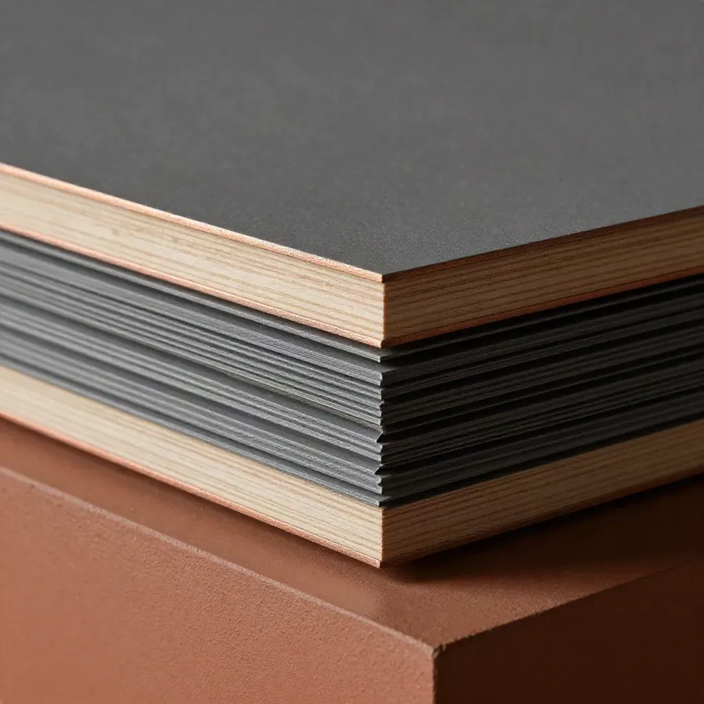 Stacked insulated roof panels with one tipped edge catching light on a terracotta plinth.