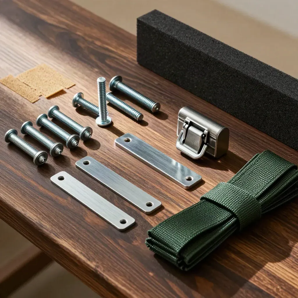 Flat lay of hut-kit hardware, straps and crate latch on dark timber, lit by soft daylight.