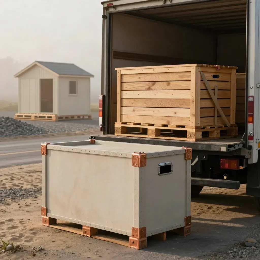 Truck bed loaded with prefab hut crates at a misty build site, viewed low and close.