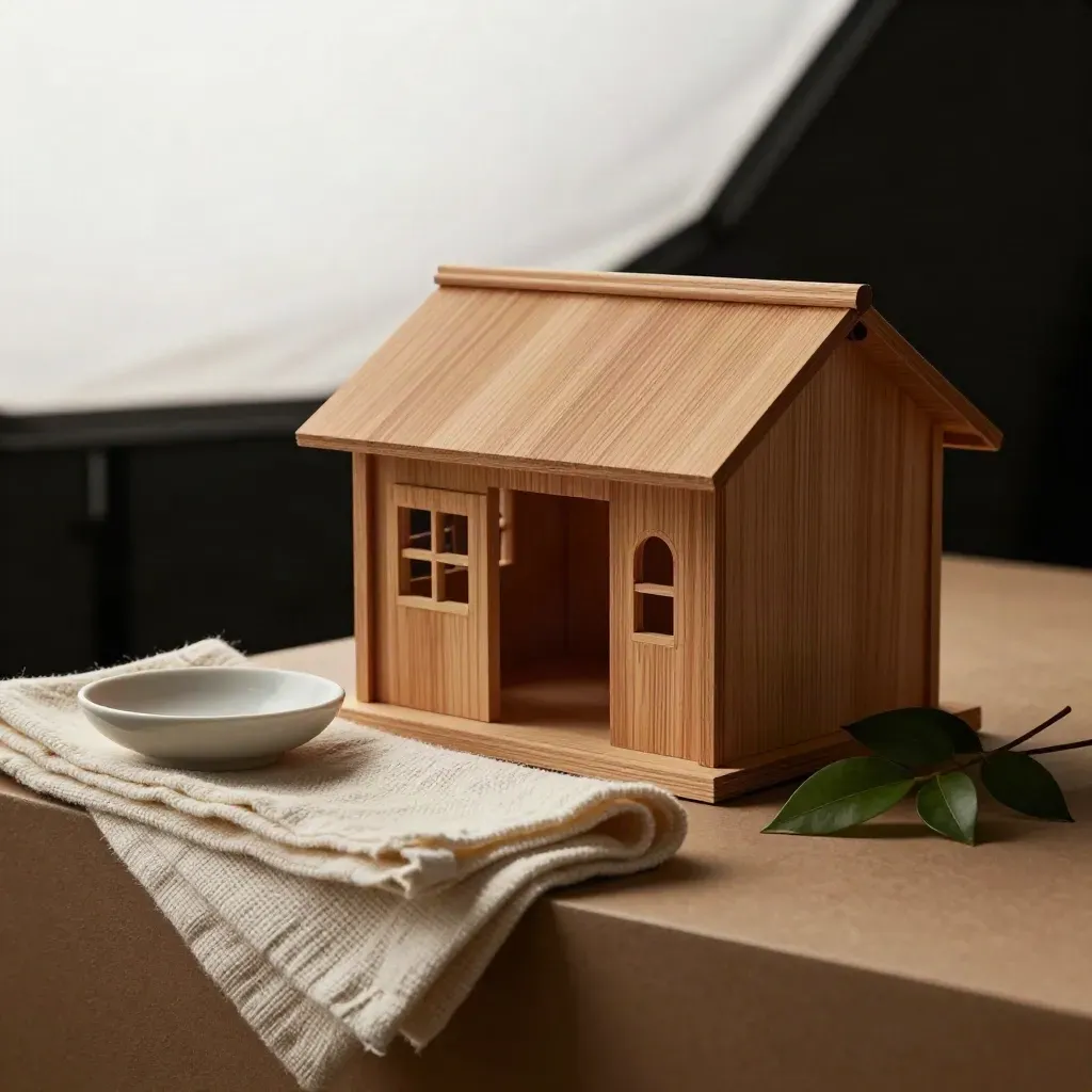 Mini cedar hut model with ridge sample, dish, cloth, and sprig on plaster in soft light.