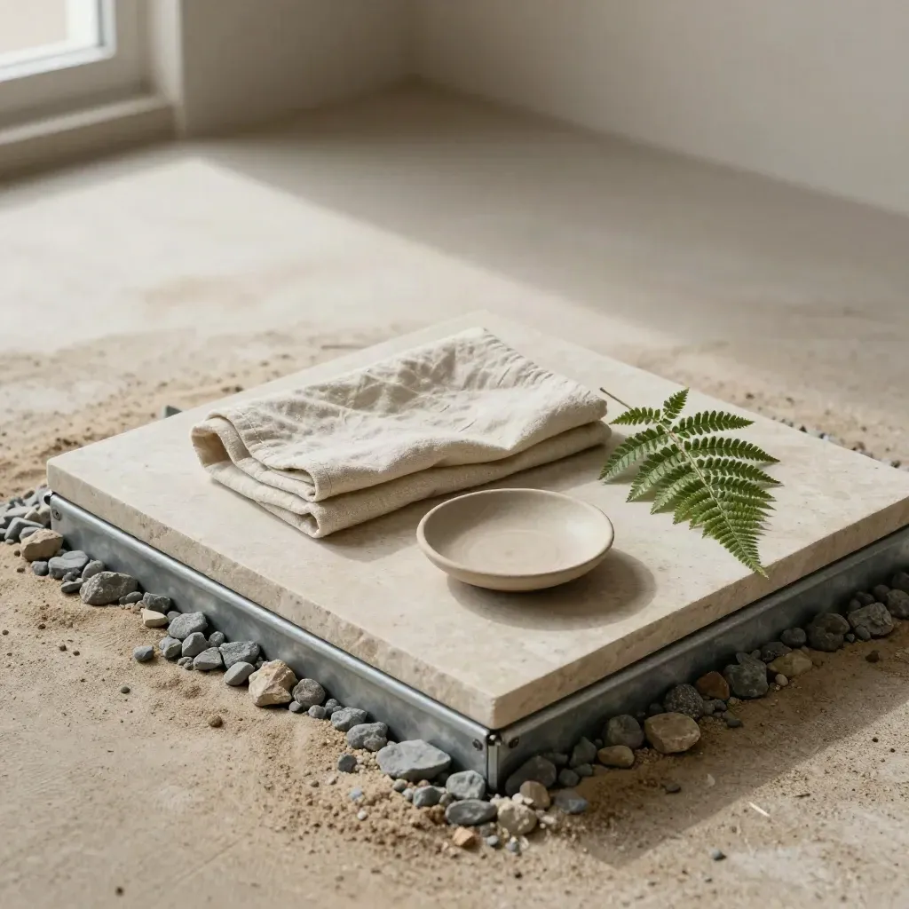 Galvanized foundation plate with gravel, linen, clay dish, and fern on stone