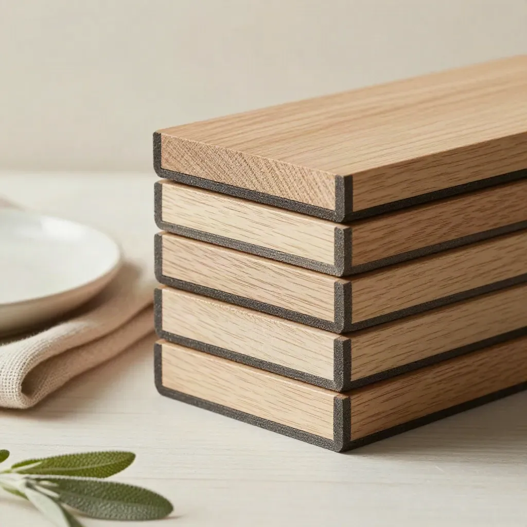 Stacked hut corner blocks with cloth, dish, and plant on pale wood, lit softly from one side.