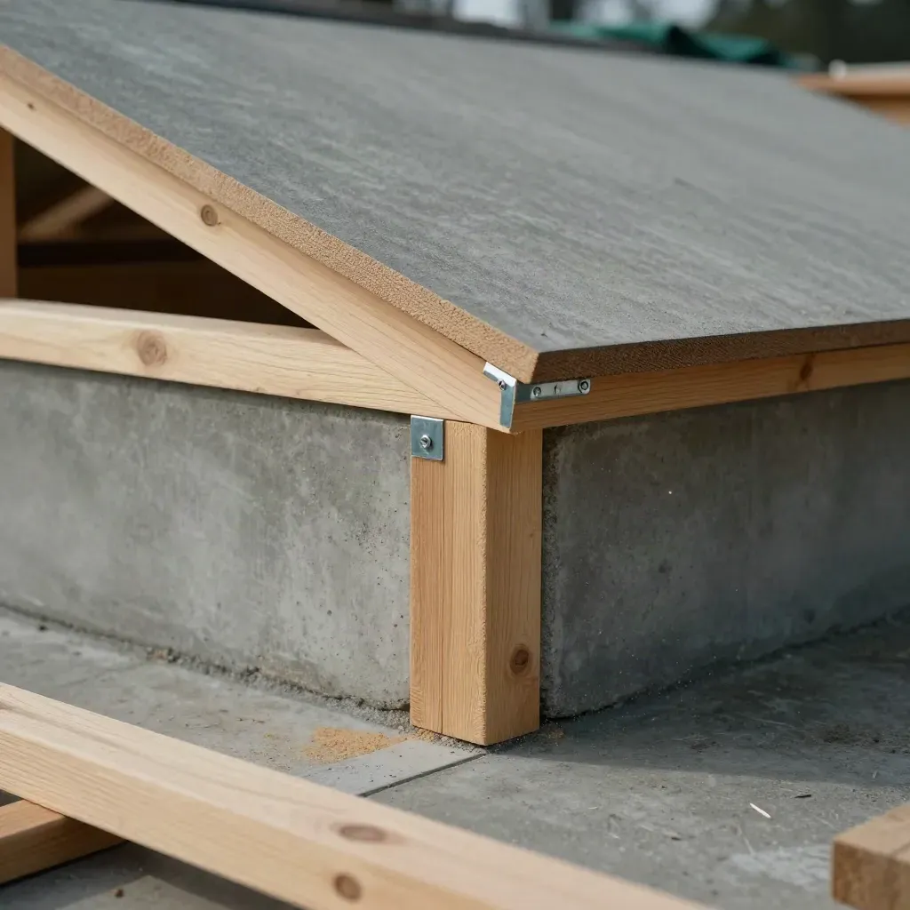 Timber frame corner and roof panel edge test-fit above a wall line on a build site.
